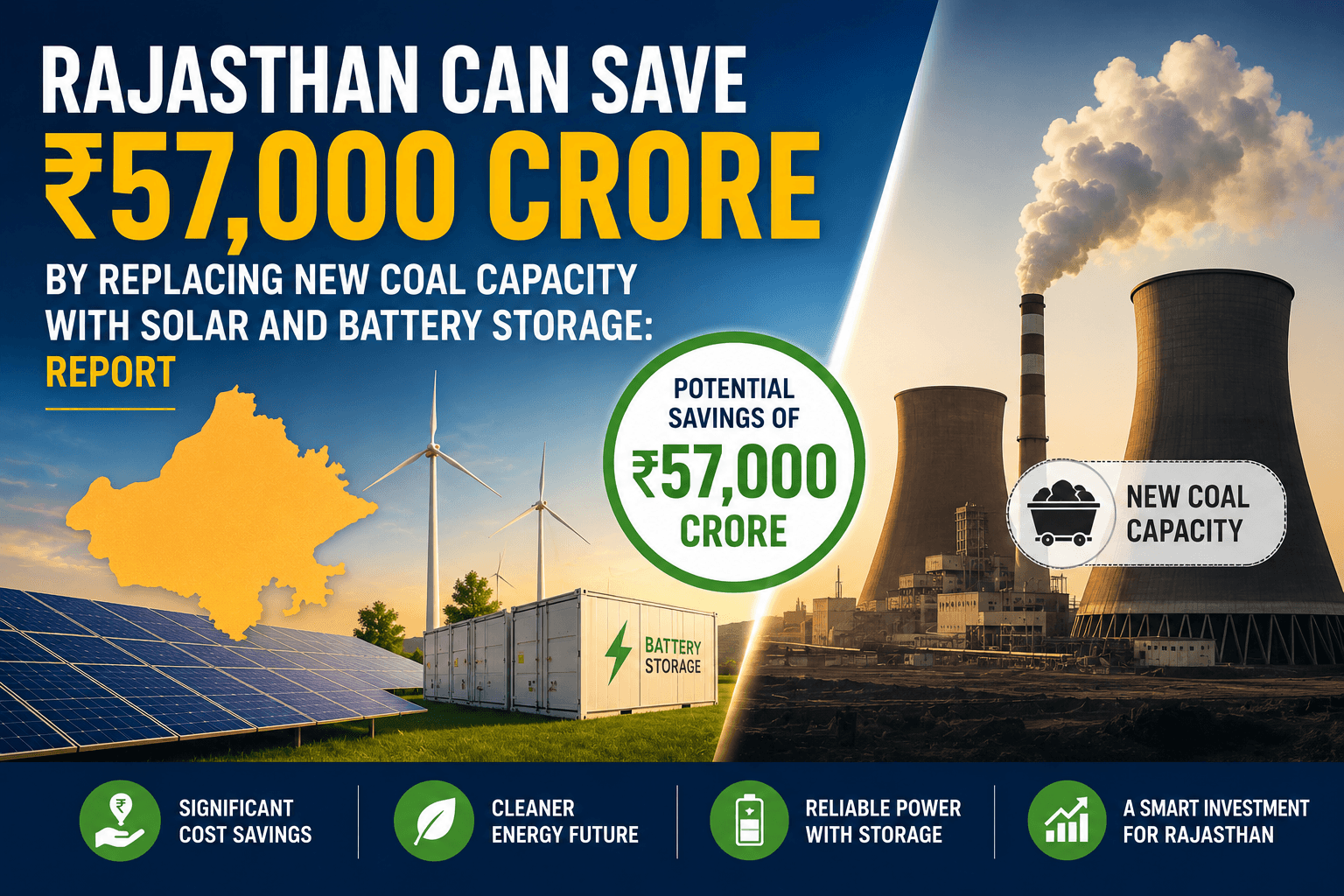 Rajasthan Can Save ₹57,000 Crore by Replacing New Coal Capacity with Solar and Battery Storage: Report